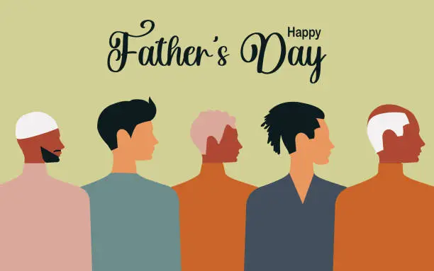 Vector illustration of Happy Father's Day. Contemporary greeting card with men of different nationalities and religions having children. Vector.