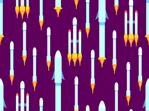 Seamless pattern with space rockets. Orbital launch vehicle. Spacecraft for launching cargo into orbit. Spaceships for space exploration and interplanetary flights. Vector illustration