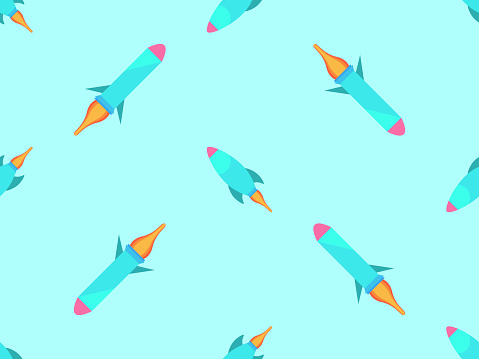 Spaceships seamless pattern. Orbital launch vehicle. Space rockets in flat style. Spaceships for space exploration and interplanetary flights. Design for banners and posters. Vector illustration