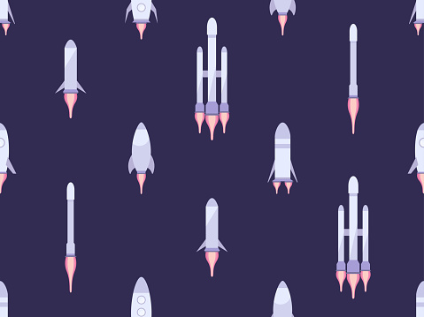 Seamless pattern with space rockets. Orbital launch vehicle. Spacecraft for launching cargo into orbit. Spaceships for space exploration and interplanetary flights. Vector illustration