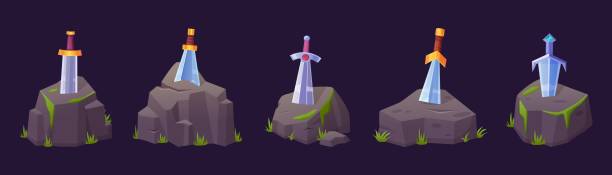 istock Cartoon sword in stone. Iron weapons stuck in stones, tale swords excalibur. Medieval magic weapon for children fairytale, nowaday vector elements 2057599437