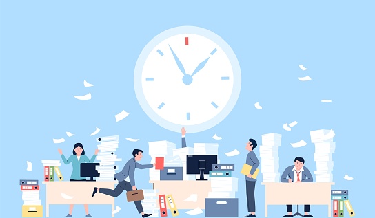 Deadline office concept. Crazy time, managers and time. Submission of report, taxes or work with documents. Unorganized people recent vector scene of angry employee overtime illustration