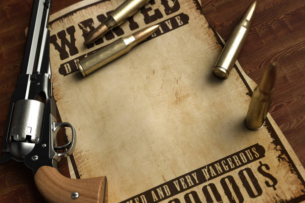 Old Revolver with Bullets and Wanted Sign. 3D Render
