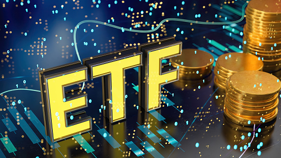 ETF Exchange Traded Funds Sign on a Financial Chart. 3D Render