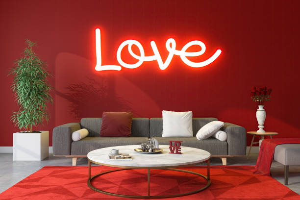 Neon Love on Red Living Room's Wall. 3D Render