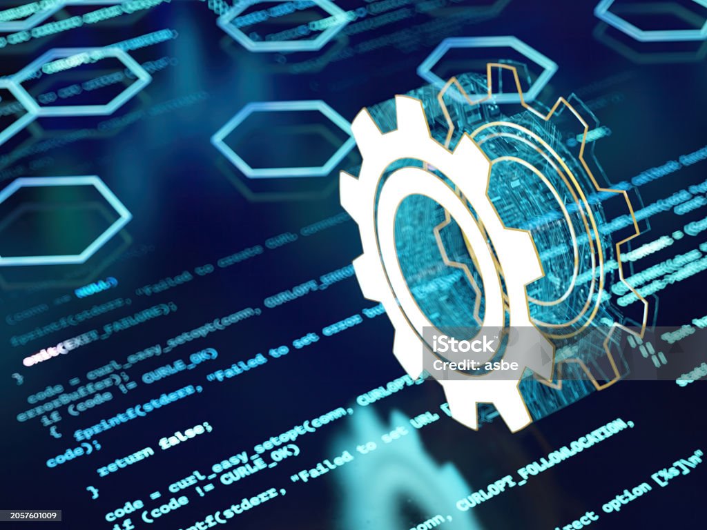 Computer Cog Abstract Digital Cog Wheels On Computer Code Stock Photo - Download ...