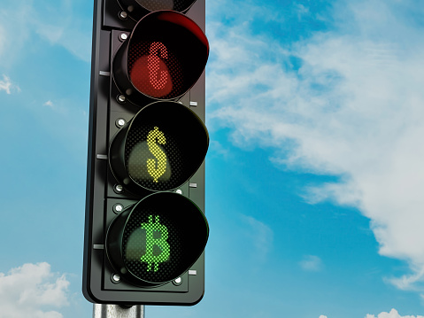 Traffic Light with Bitcoin Dollar and Euro Signs. 3D Render
