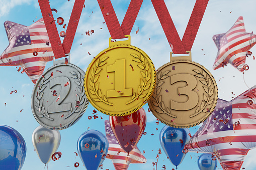 USA Olympic Medals Number 1 2 and 3 Gold Silver and Bronze Medal with American Flag Balloons and Confetti. 3D Render