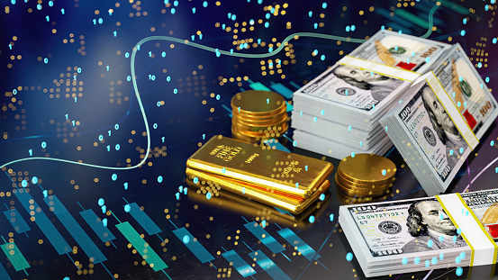Gold Bars and US Dollar Stack on a Stock Market Data Chart. 3D Render