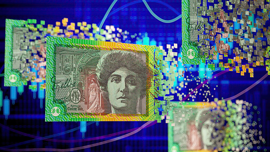 Digital Australian Dollar Cryptocurrency or Money Transfer Concepts. 3D Render