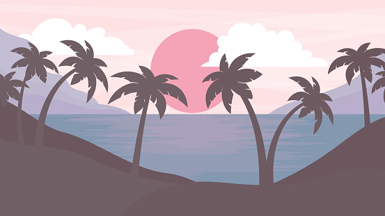tropical summer view pastel colors. palm tree and sea coast at sunrise. vector illustration