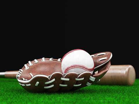 Baseball Bat, Ball and Gloves on a Green Grass Field. 3D Render