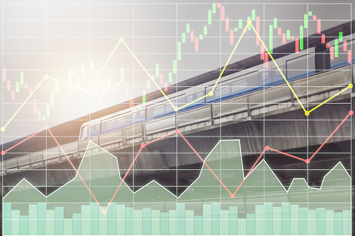 Stock financial index data with graph and chart show successful investment on transportation industry with sky train on terminal station. Image use for business and travel industry background.