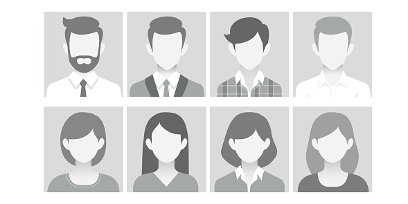 Empty avatars set. Vector photo placeholder for social networks, resumes, forums and dating sites. Male and female no photo images for unfilled user profile. Greyscale