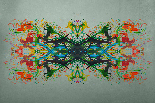 Playful depiction of an abstract pattern with green, orange and other colors on white background