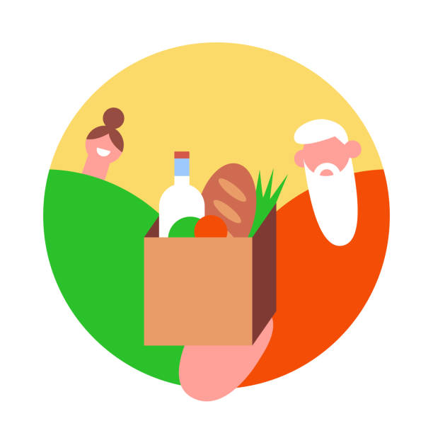 Volunteers Man and Women holding a donation box with food. Bringing groceries to food bank. Volunteers Man and Women holding a donation box with food. Awareness and charity concept. Boxes for charity. Flat vector illustration. food bank delivery stock illustrations