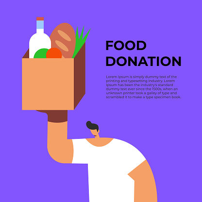 Bringing groceries to food bank. Volunteer Man holding a donation box with food. Awareness and charity concept. Flat vector illustration.
