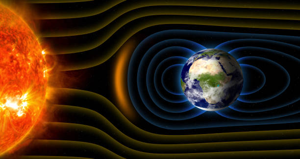 Campo magnético da Terra. Magnetosfera ou campo magnético ao redor da Terra. O campo geomagnético é o campo magnético que se estende do interior da Terra para o espaço. Os elementos desta imagem são fornecidos pela NASA. ______ URL(s): https://visibleearth.nasa.gov/images/57747/blue-marble-clouds https://www.nasa.gov/content/goddard/one-giant-sunspot-6-substantial-flares https://visibleearth.nasa.gov/collection/1484/blue-marble?page=1 Imagens da superfície do Sol, fotos e imagens livres de direitos autorais
