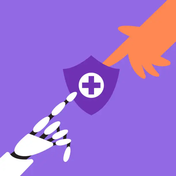 Vector illustration of Health insurance app with AI robot and human.