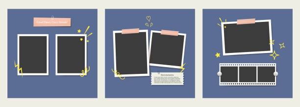 Polaroid Blank photo frame collage with doodle template vector set Blank photo frames film collage set. Realistic photography friends Mood Board mockup. Vector illustration polaroid mockup stock illustrations