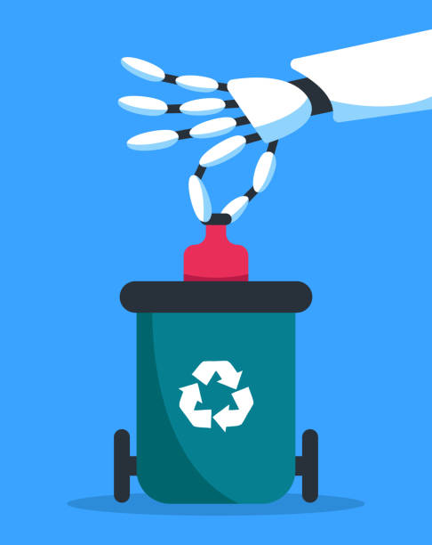 ilustrações, clipart, desenhos animados e ícones de ai braço robô limpando as ruas de lixo e detritos naturais. - sorter