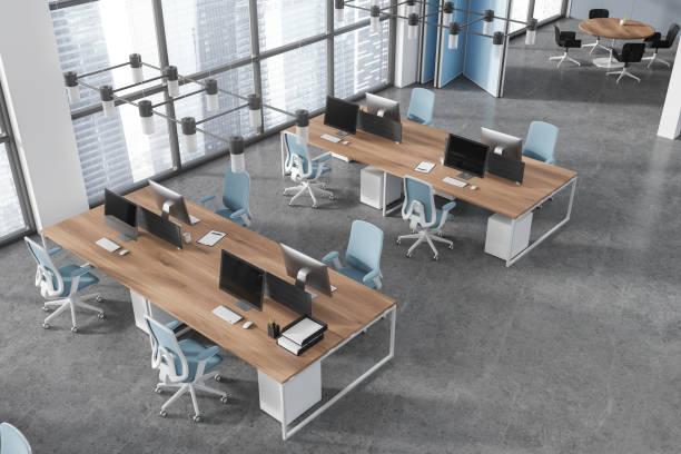 istock Top view of office interior with coworking and meeting corner, panoramic window 2057657383