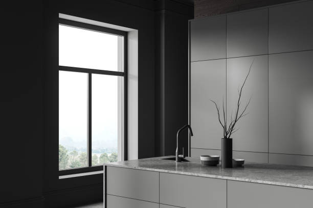 istock Corner view of home kitchen interior with bar counter and panoramic window 2057662179