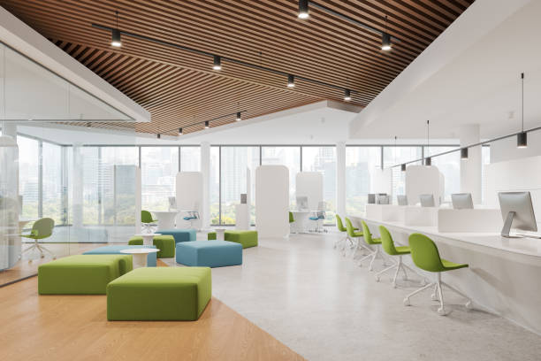 istock Colorful business interior with relax and consulting space, panoramic window 2057669627