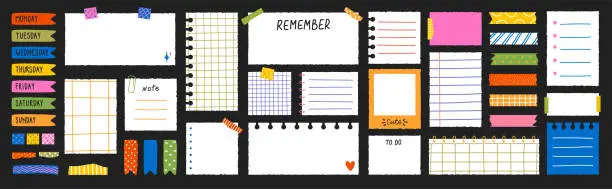 Vector illustration of Paper sheets with torn edges for notes stuck on washi tape stripes. A set of stickers with the names of the days of the week. Information board for the daily planner