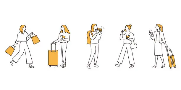 Vector illustration of Women who enjoy traveling. Shopping, eating tour, and taking photos. Vector illustration set.