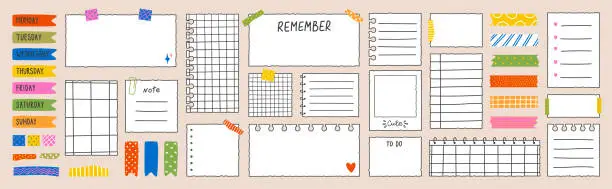 Vector illustration of Paper sheets with torn edges for notes stuck. A set of washi tape stripes and stickers with the names of the days of the week. Information board for the daily planner in outline style