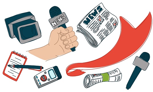 Press kit for World Press Freedom Day - May 3. Contour drawing with spots of a hand with a microphone, a video camera, a pen and a notebook, a newspaper. Color illustration. Printing Stickers.