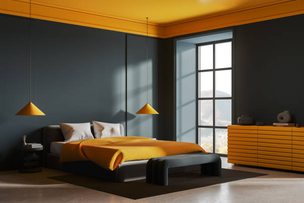 istock Green and yellow bedroom interior with bed, sideboard and window. Mock up 2057671232
