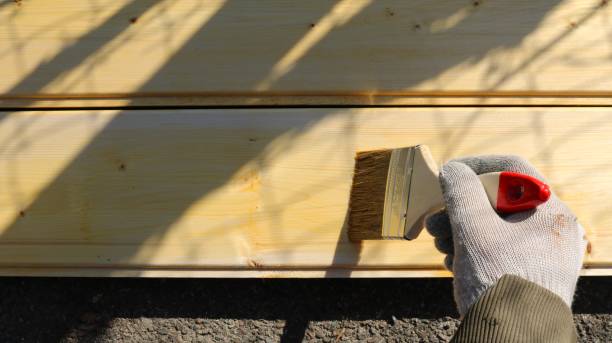applying protective impregnation by hand with a brush on a wooden board