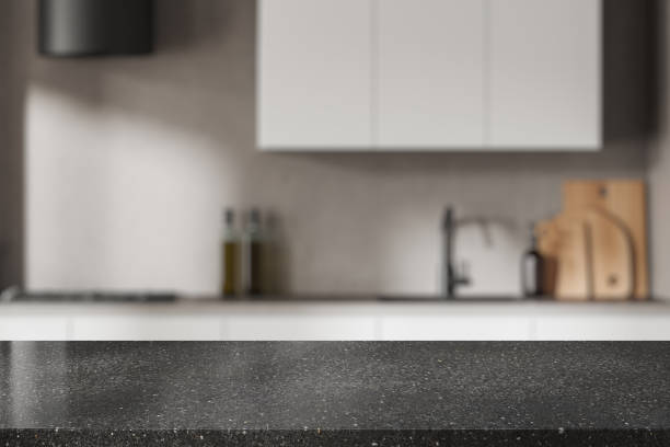 istock Beige kitchen with product display desk 2057682159