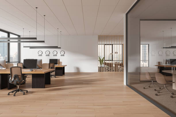 istock Modern office interior with coworking and glass meeting room, panoramic window 2057686451