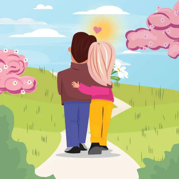 Vector illustration of Cute Couple in Pink Blossoms