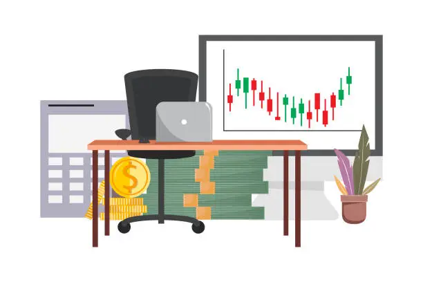 Vector illustration of Training Concept in a Modern Office Setting With big Monitor and Cash On The Background