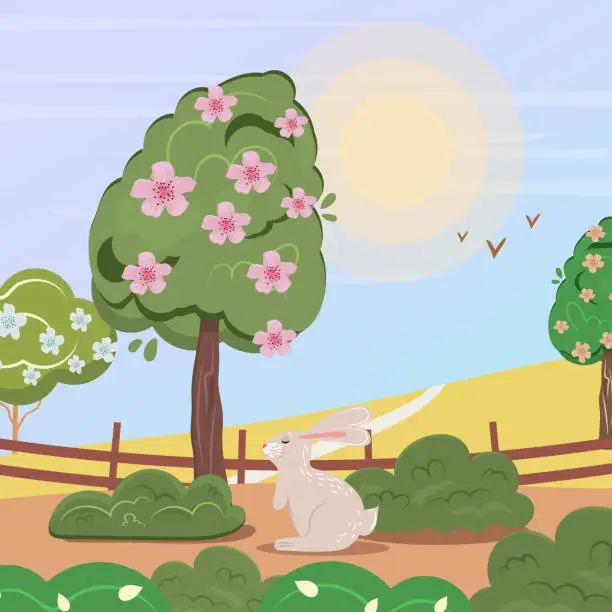Vector illustration of Spring-Summer Landscape with a bunny in front and flying back birds