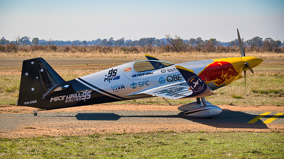Yarrawonga, Victoria, Australia - 22 April 2023: Australian Matt Hall's MXS-R aerobatic aircraft at Yarrawonga Airport before a show over Lake Mulwala