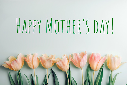 Yellow-pink tulips on light green background with words Happy Mother's day.