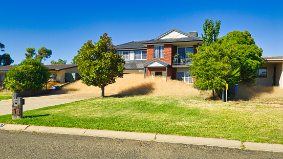 Yarrawonga, Victoria, Australia - 15 February 2024: Suburban house engulfed by dry tumbleweeds on a sunny day in Yarrawonga