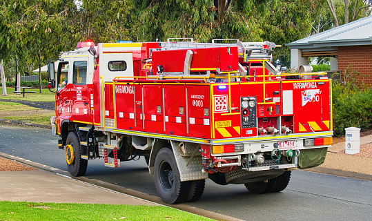 Yarrawonga, Victoria, Australia - 8 April 2023: A Yarrawonga CFA red fire truck ready for emergency response from a suburban street in Yarrawonga