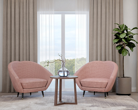 Upholstered Round Tub Chair Isolated on White Background. Front View of Wingback Accent Sofa. Classic Armchair with Black Wooden Feet and Red Velvet Upholstery. Interior Furniture