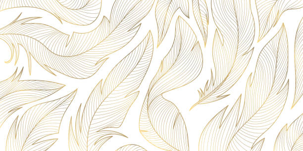 Vector gold feathers on white pattern, abstract luxury line design wallpaper. Art deco wedding texture, wing angel decoration. Vector gold feathers on white pattern, abstract luxury line design wallpaper. Art deco wedding texture, wing angel decoration feather vector illustration stock illustrations