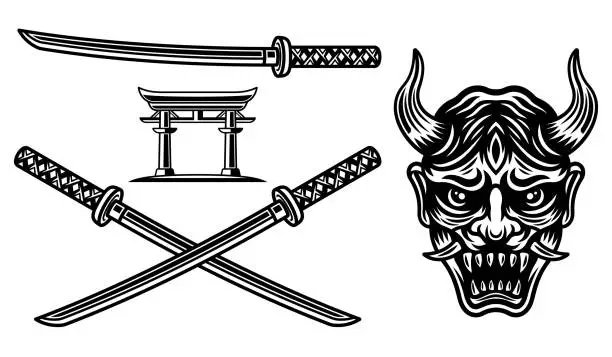 Vector illustration of Samurai set of vector objects or design elements isolated on white background