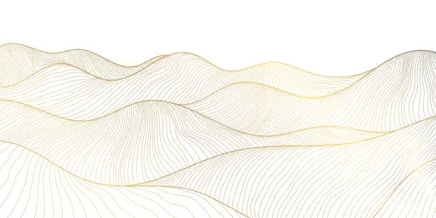 Vector illustration of Vector line japanese art, mountains background, landscape dessert texture, wave pattern illustration. Golden minimalist drawing