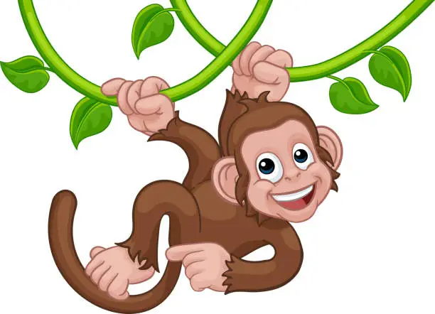 Vector illustration of Monkey Singing On Jungle Vines Pointing Cartoon