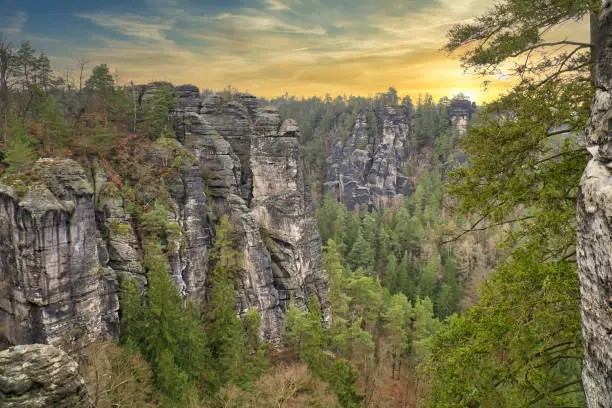 Rugged rocks at Basteibridge at sunset. Wide view over trees and mountains. National park in Germany