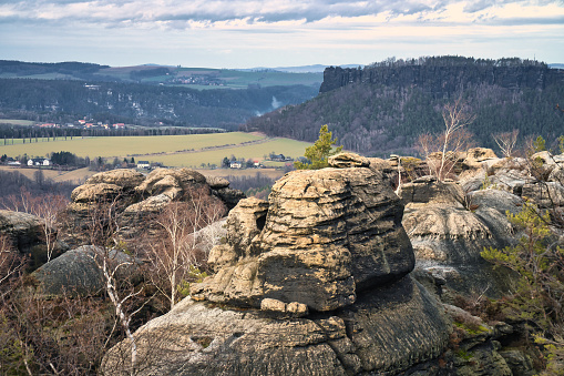 View from the Pfaffenstein in black and white. Forests, mountains, vastness, panorama. Landscape from the Elbe Sandstone Mountains.